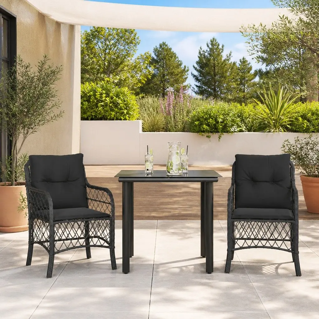 Outdoor Bistro Set 3 Piece Garden Furniture Cushioned Black Poly Rattan