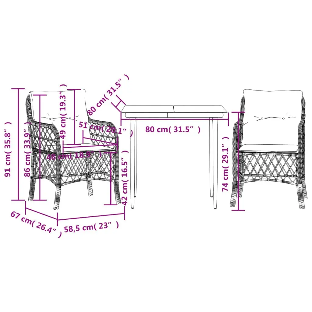 3 Piece Bistro Set Grey Poly Rattan Outdoor Garden Patio Furniture with Cushions