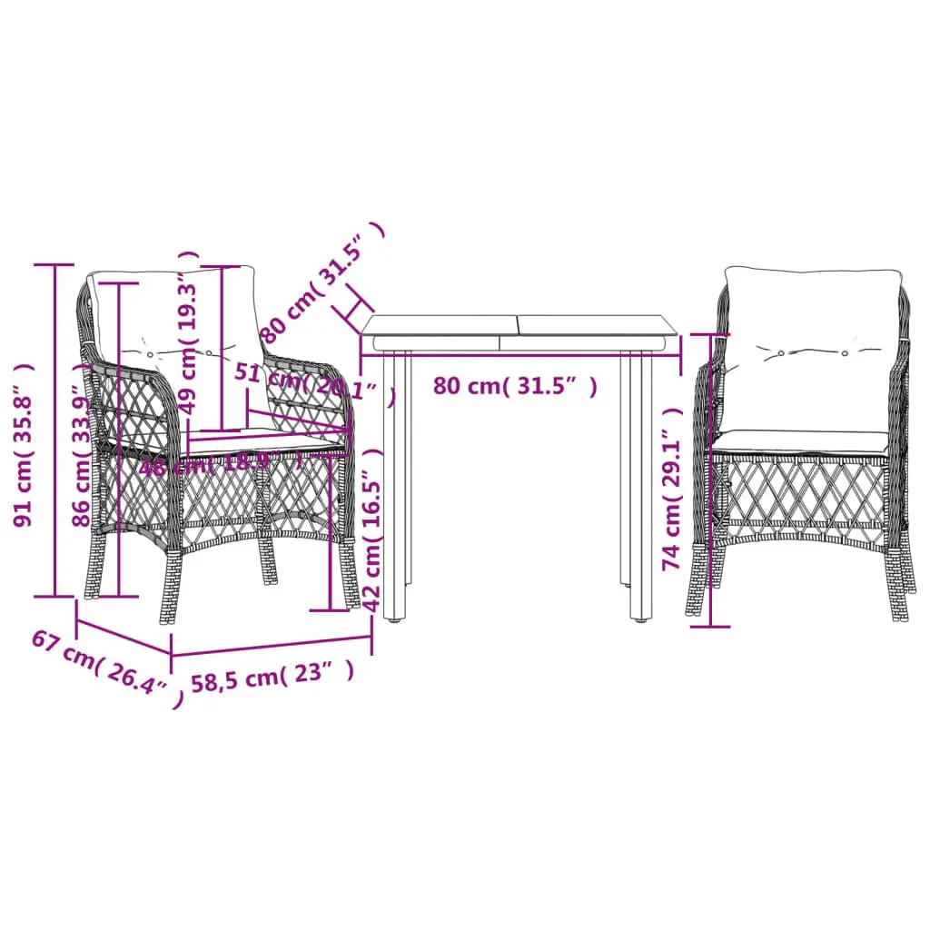 Outdoor Bistro Set 3 Piece Grey Poly Rattan Garden Furniture with Cushions