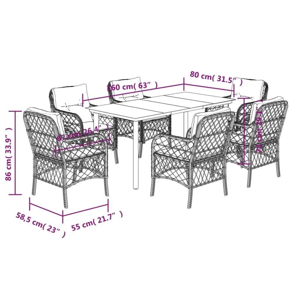 7 Piece Garden Dining Set Outdoor Furniture Grey Poly Rattan Cushioned Chairs Tempered Glass Table