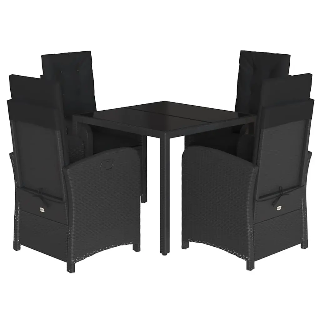 5 Piece Outdoor Garden Dining Set Black Poly Rattan with Cushions Glass Table