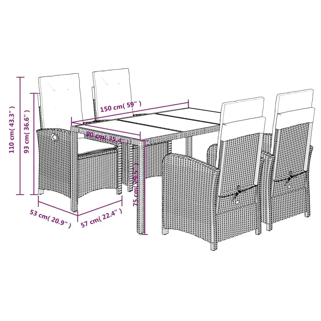 5 Piece Outdoor Dining Set Black Poly Rattan Chairs Table