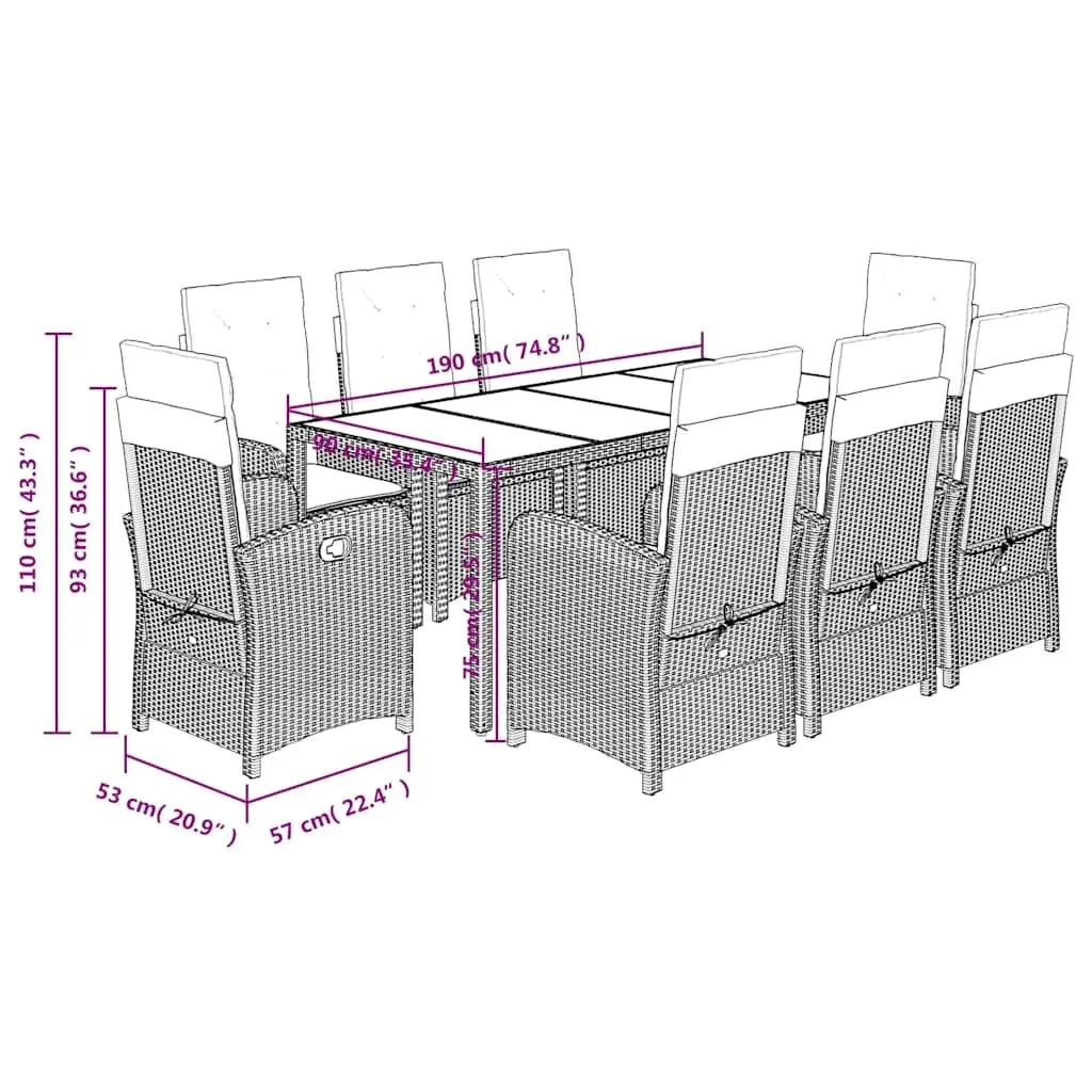 9 Piece Garden Dining Set Outdoor Patio Furniture Poly Rattan with Cushions