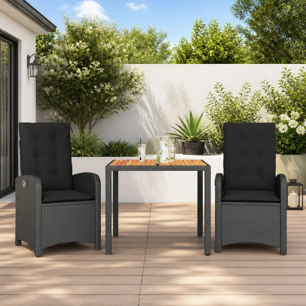 3 Piece Outdoor Dining Set Black Poly Rattan Furniture Table Chairs