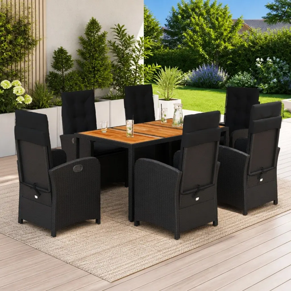 7 Piece Garden Dining Set Outdoor Furniture Black PE Rattan Table Chairs