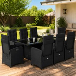 9 Piece Outdoor Dining Set Garden Furniture Black Poly Rattan Cushions Glass