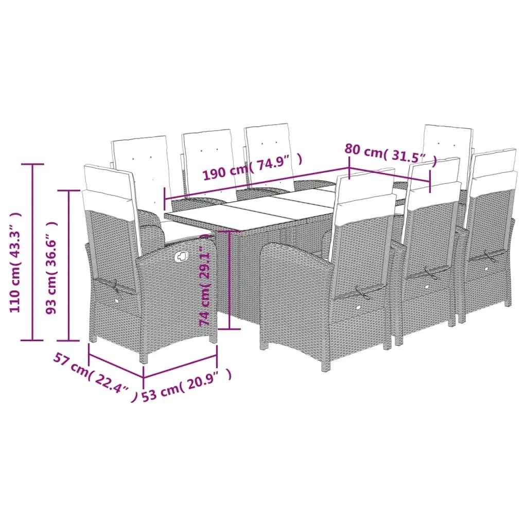Garden Dining Set 9 Piece Outdoor Furniture Grey PE Rattan Adjustable Backrest