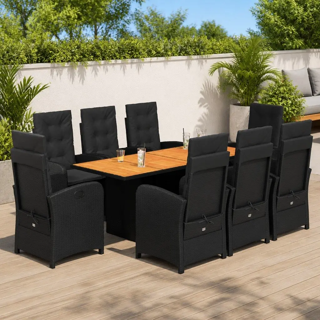 9 Piece Black Poly Rattan Dining Set Outdoor Garden Furniture with Cushions and Folding Chairs