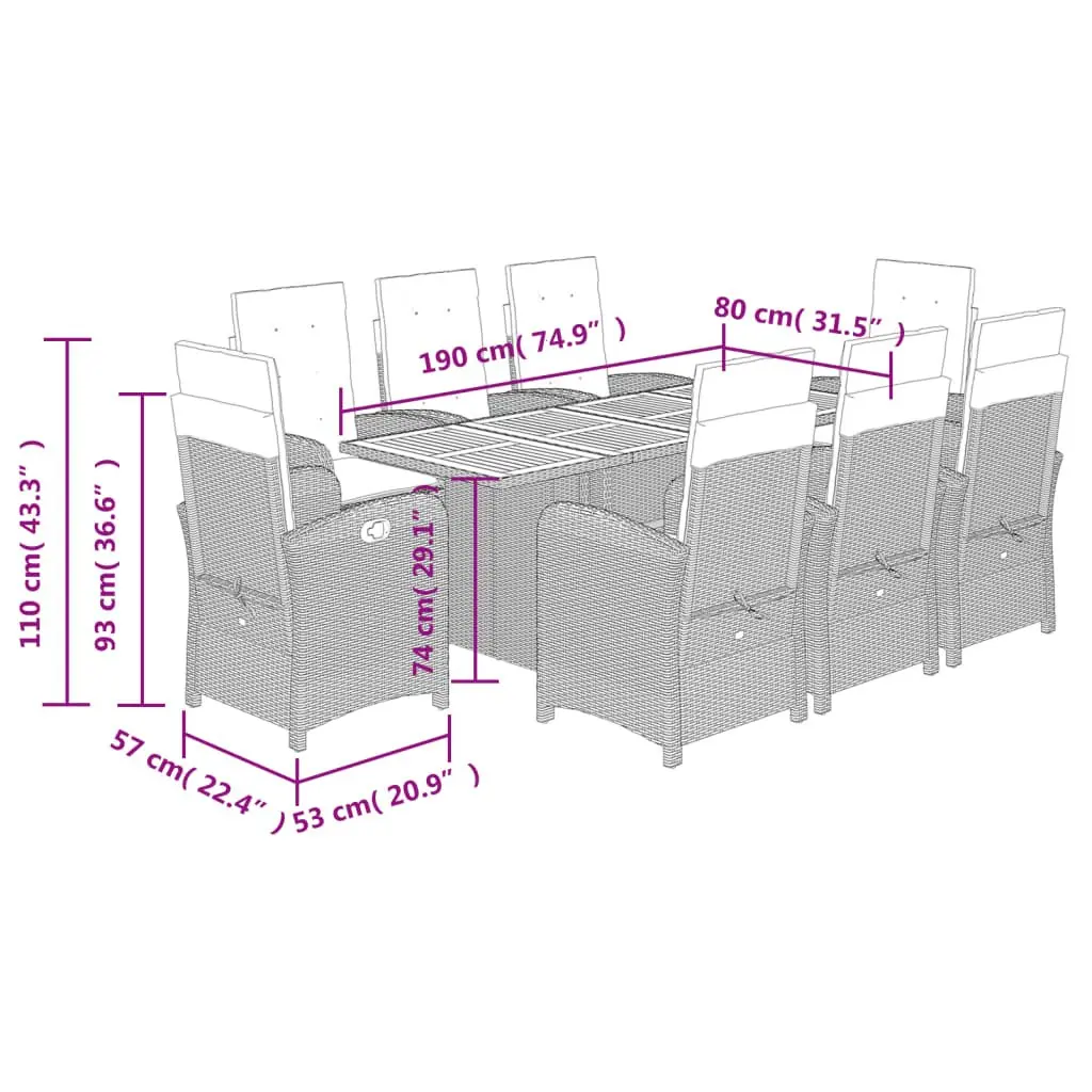 9 Piece Black Poly Rattan Dining Set Outdoor Garden Furniture with Cushions and Folding Chairs