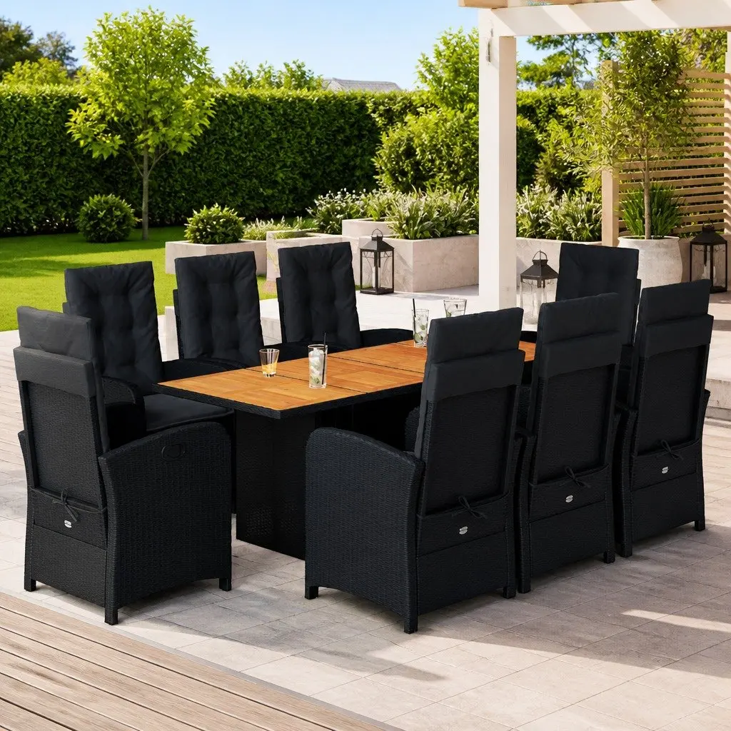 Garden Dining Set 9 Piece Black Poly Rattan Cushioned Chairs Table Outdoor