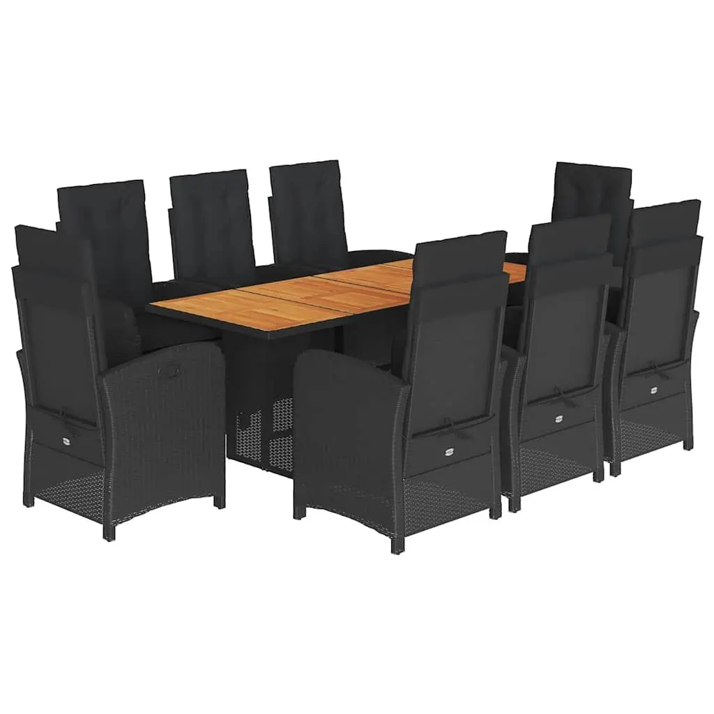 Garden Dining Set 9 Piece Black Poly Rattan Cushioned Chairs Table Outdoor
