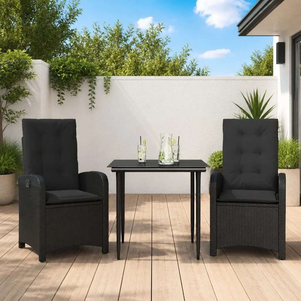 Outdoor Garden Dining Set 3 Piece Black Poly Rattan Cushions Glass Table