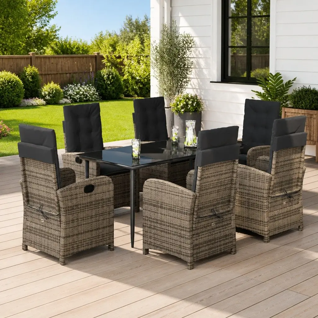 Outdoor Furniture Set 7 Piece Dining Table and Chairs Grey Poly Rattan