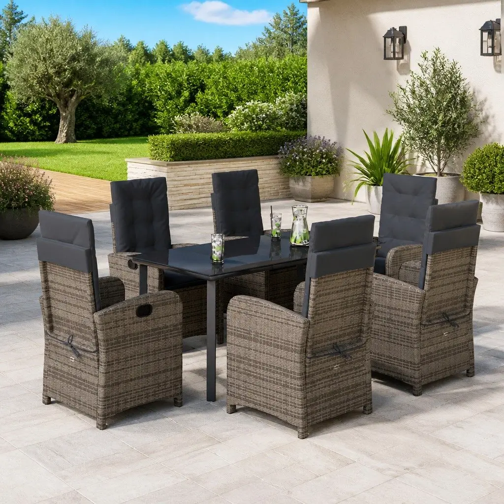 7 Piece Grey Patio Furniture Set Outdoor Dining Garden with Cushions Poly Rattan Table and Chairs