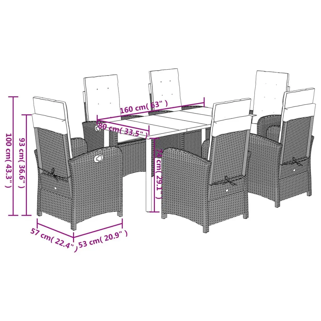 7 Piece Grey Patio Furniture Set Outdoor Dining Garden with Cushions Poly Rattan Table and Chairs