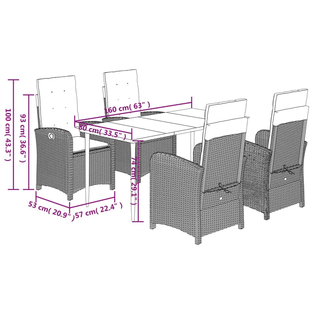 Garden Dining Set 5 Piece Outdoor Furniture Adjustable Backrest Beige Poly Rattan with Cushions