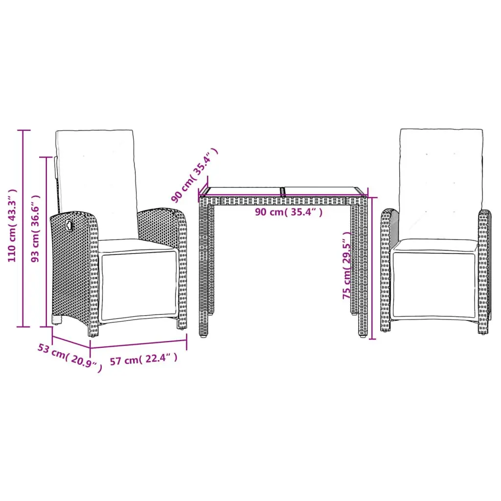 3 Piece Bistro Set Outdoor Furniture Adjustable Chair Black Poly Rattan