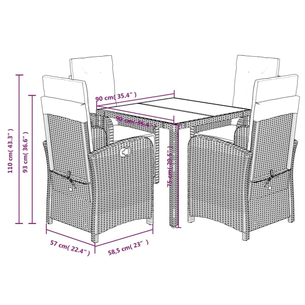 5 Piece Outdoor Dining Set with Cushions Black Garden Furniture Rattan Patio