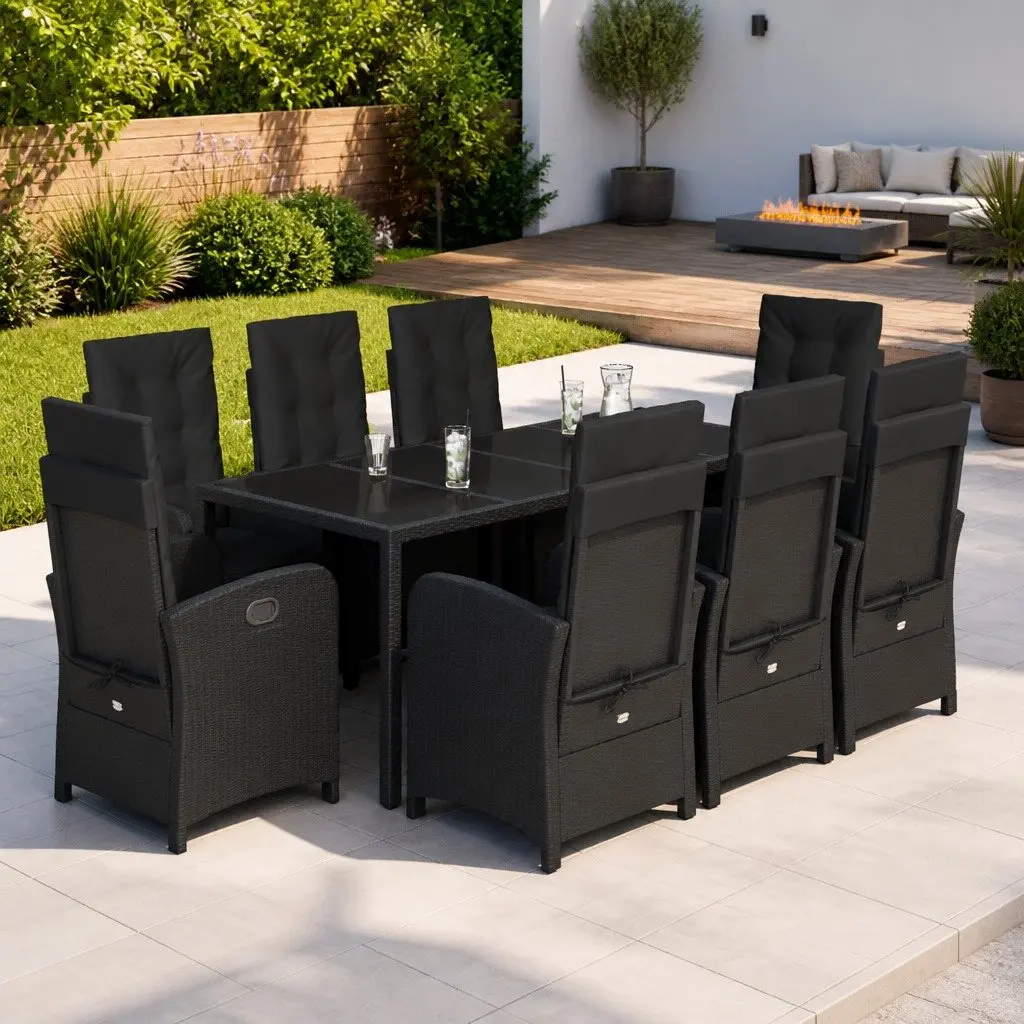 9 Piece Outdoor Garden Dining Set Black Poly Rattan Table Chairs with Cushions