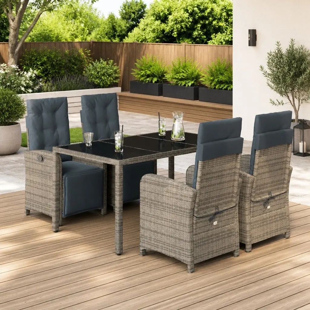 Garden Dining Set 5 Piece Outdoor Furniture Grey Poly Rattan Cushions Glass