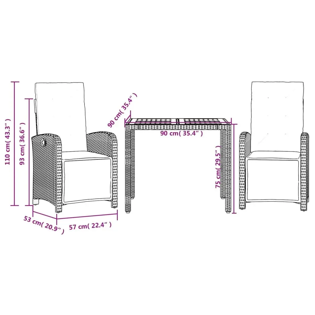 3 Piece Bistro Set Garden Outdoor Furniture Adjustable Backrest Cushions Black Poly Rattan