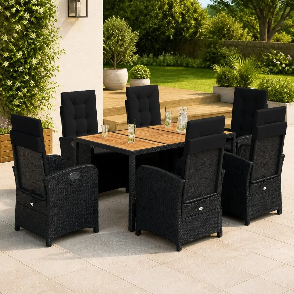 Outdoor Dining Set 7 Piece Garden Furniture Black PE Rattan with Cushions
