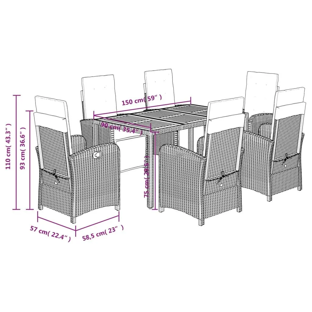 Outdoor Dining Set 7 Piece Garden Furniture Black PE Rattan with Cushions