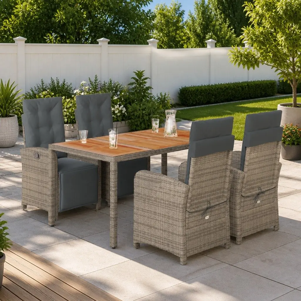 Outdoor Furniture Set 5 Piece Garden Dining Table and Chairs Poly Rattan Grey with Cushions