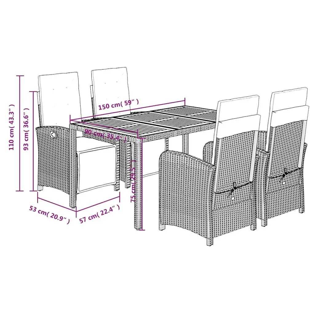 Outdoor Furniture Set 5 Piece Garden Dining Table and Chairs Poly Rattan Grey with Cushions