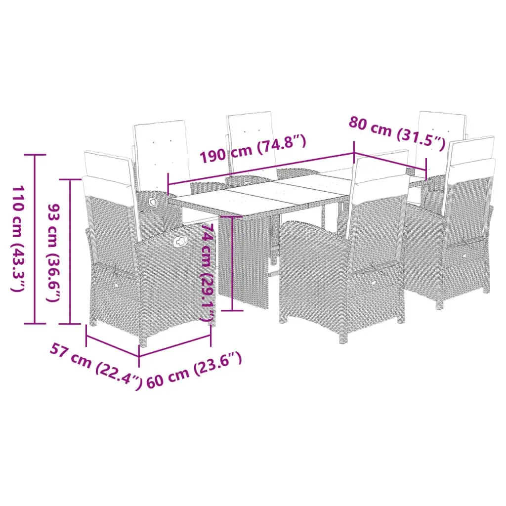 7 Piece Garden Dining Set Outdoor Furniture Black Poly Rattan with Cushions