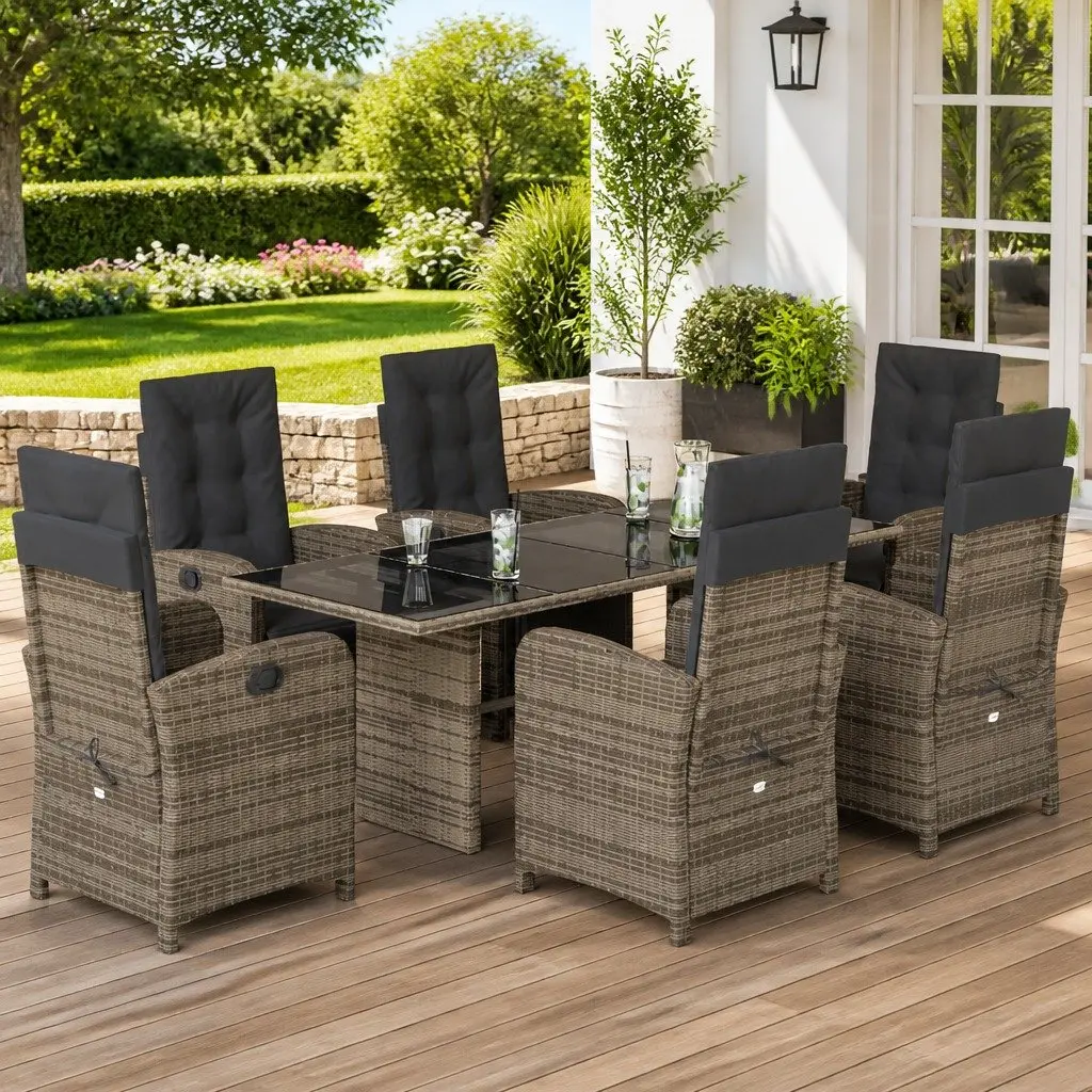 Outdoor Dining Set Grey Poly Rattan 7 Piece Furniture with Cushions and Glass Top for Garden Patio Balcony