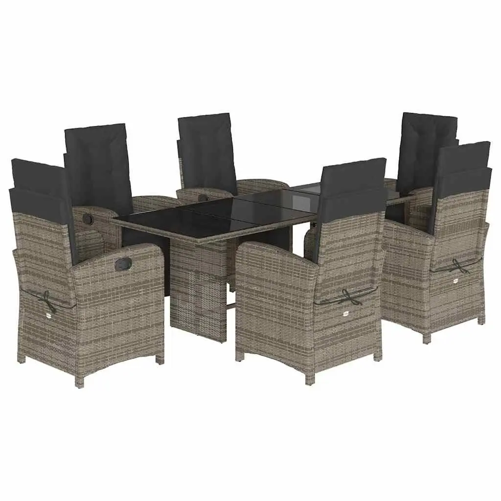 Outdoor Dining Set Grey Poly Rattan 7 Piece Furniture with Cushions and Glass Top for Garden Patio Balcony