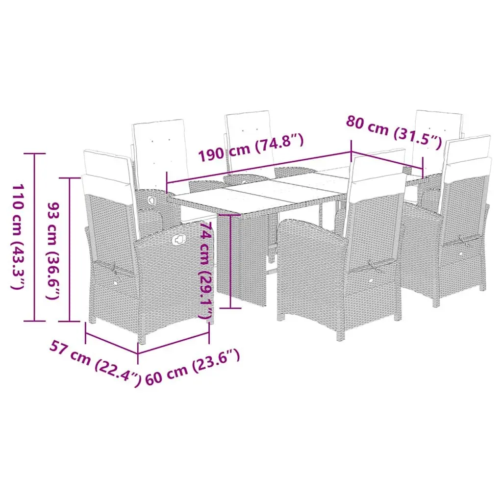 Outdoor Dining Set Grey Poly Rattan 7 Piece Furniture with Cushions and Glass Top for Garden Patio Balcony