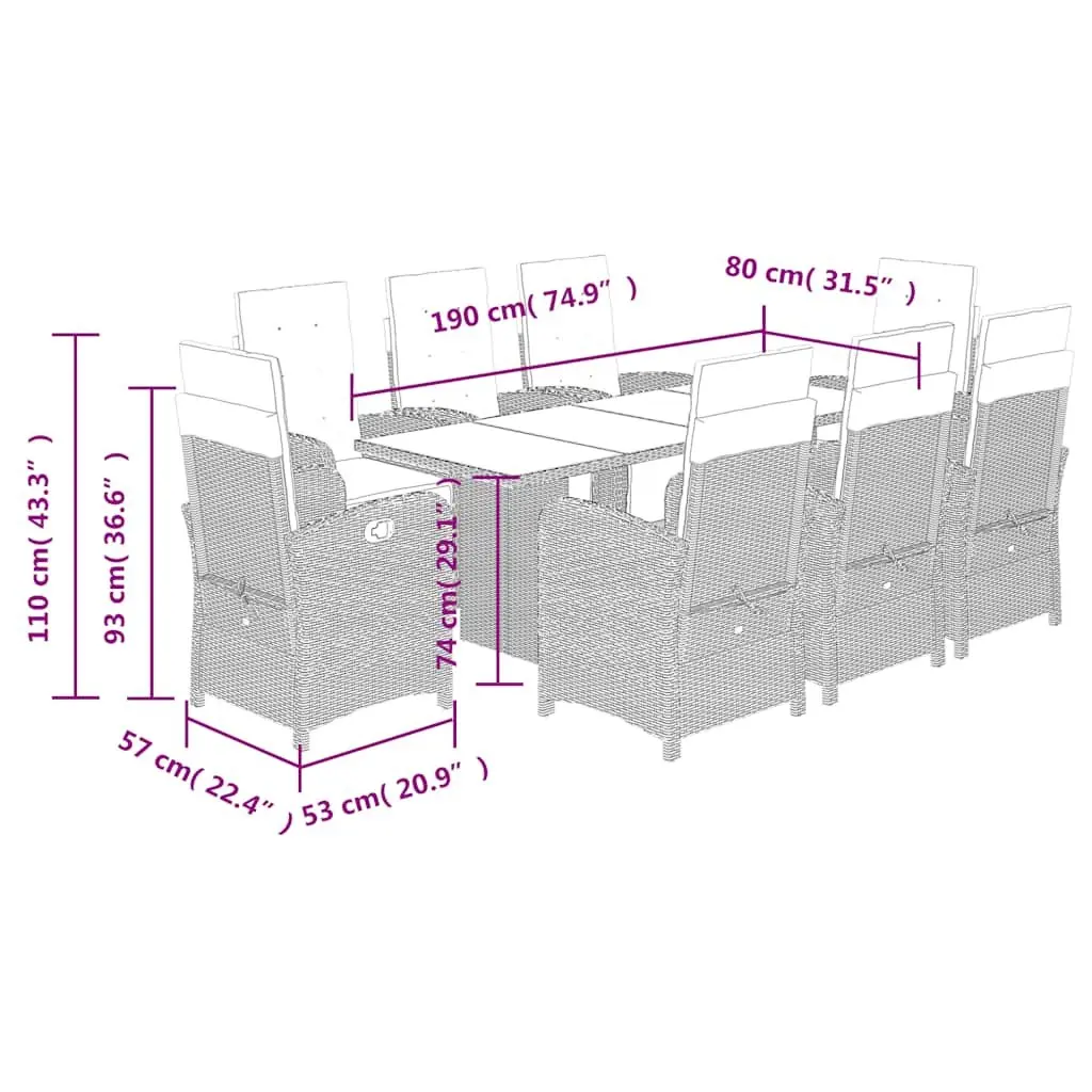 9 Piece Garden Dining Set Grey Poly Rattan Cushions Outdoor Patio Furniture