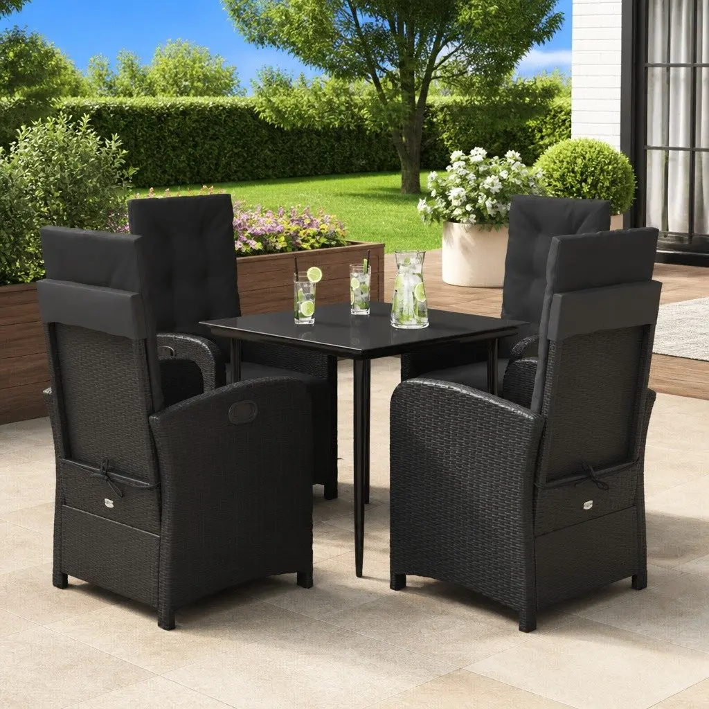 5 Piece Garden Dining Set Outdoor Furniture Black Poly Rattan Cushions