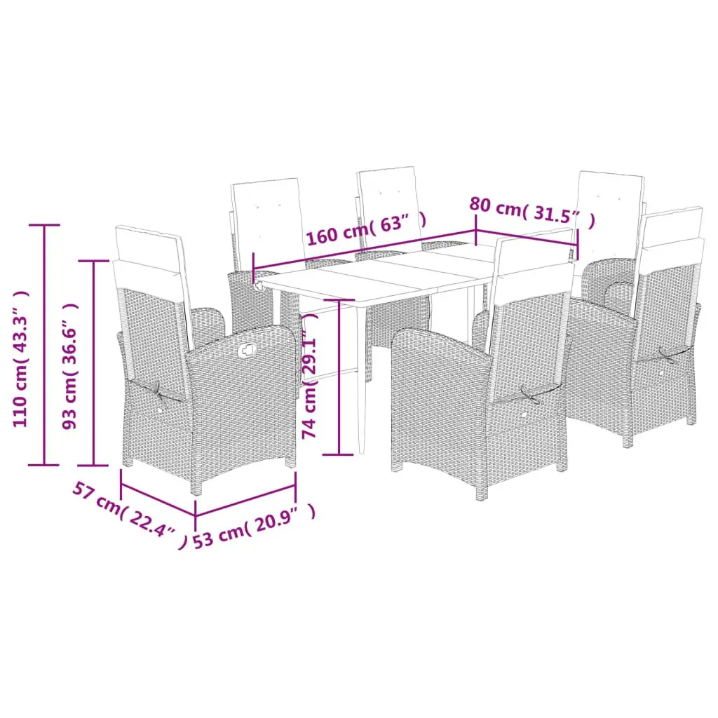 Outdoor Dining Set 7 Pieces Black Poly Rattan Table with Chairs and Cushions