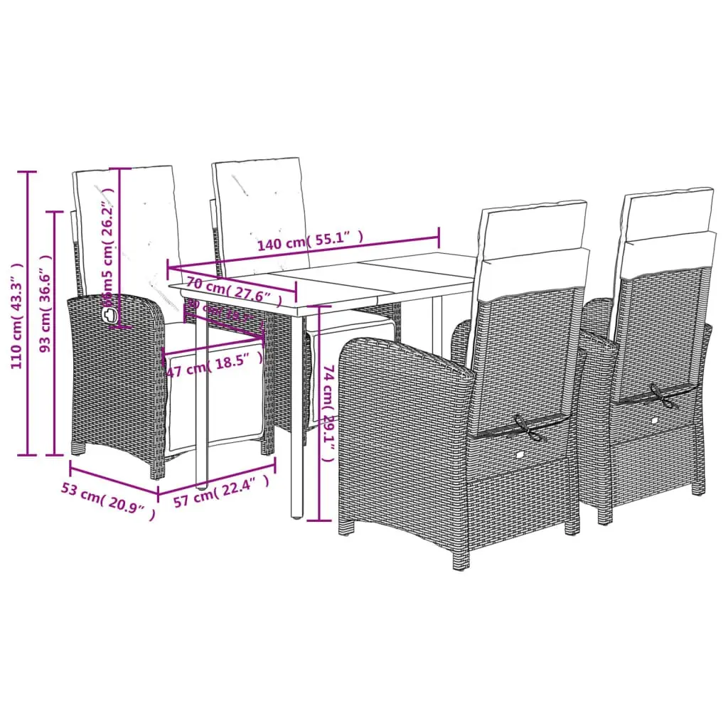 5 Piece Outdoor Garden Dining Set Black Poly Rattan Chairs Table Cushions