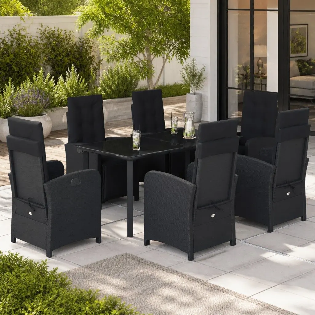 7 Piece Garden Dining Set Outdoor Furniture Cushioned Black Poly Rattan