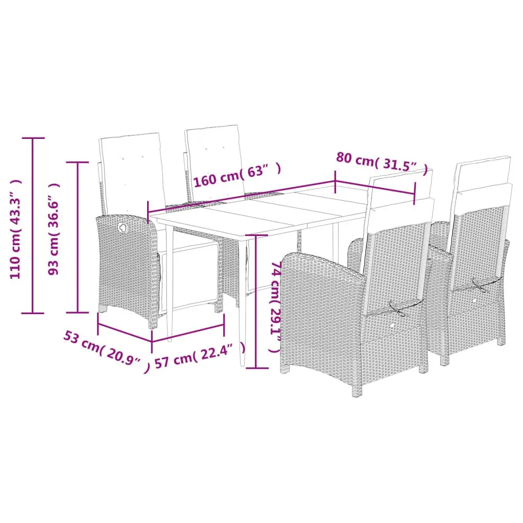 Garden Dining Set 5 Piece Grey Poly Rattan Chairs with Adjustable Backrest and Tempered Glass Table for Outdoor Spaces