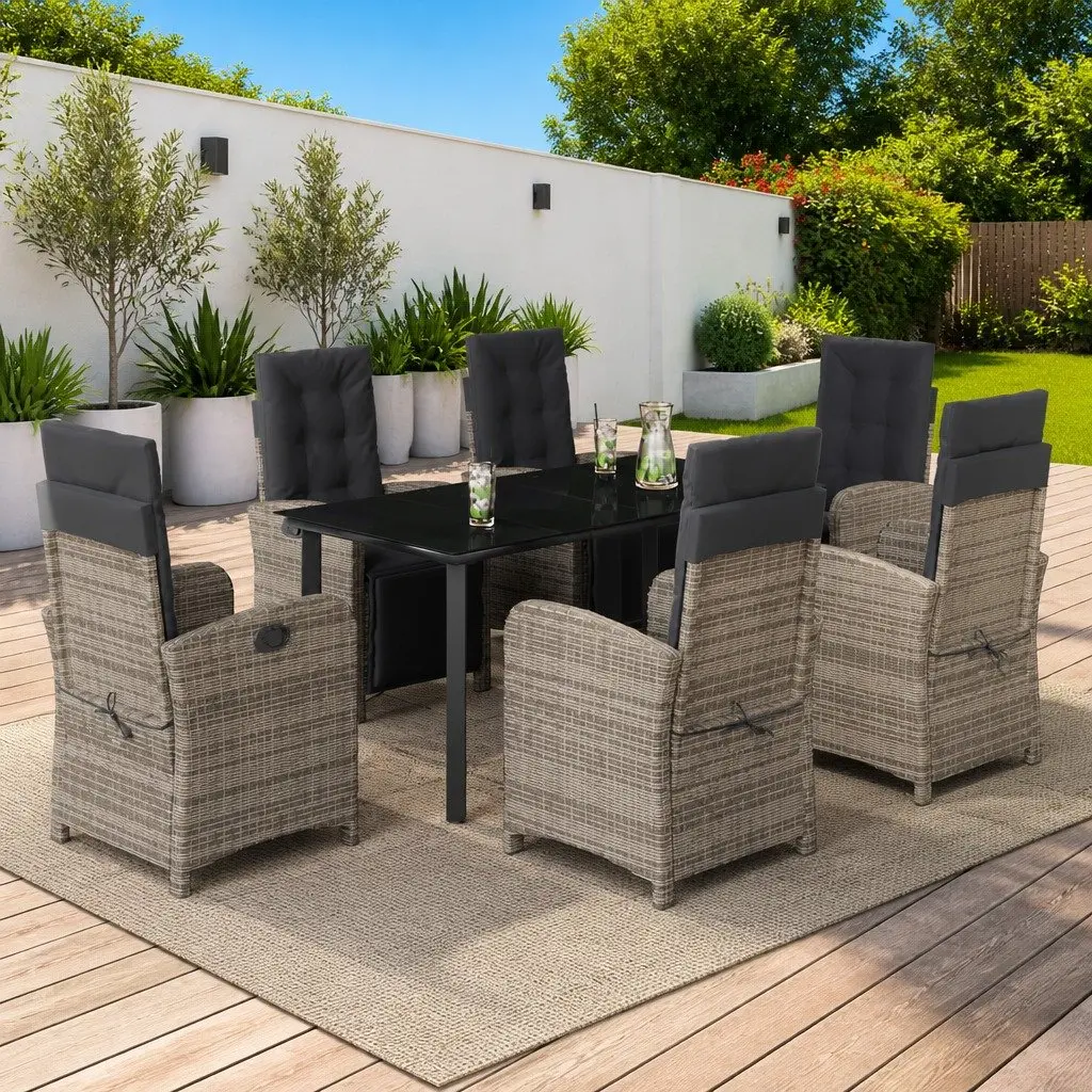 7 Piece Dining Set with Cushions Grey Outdoor Furniture Poly Rattan Garden Patio