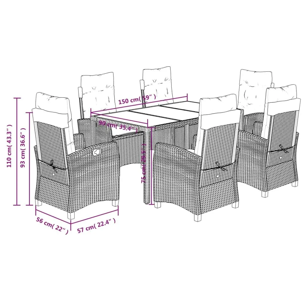 Outdoor Dining Set 7 Piece Garden Furniture Black PE Rattan with Cushions