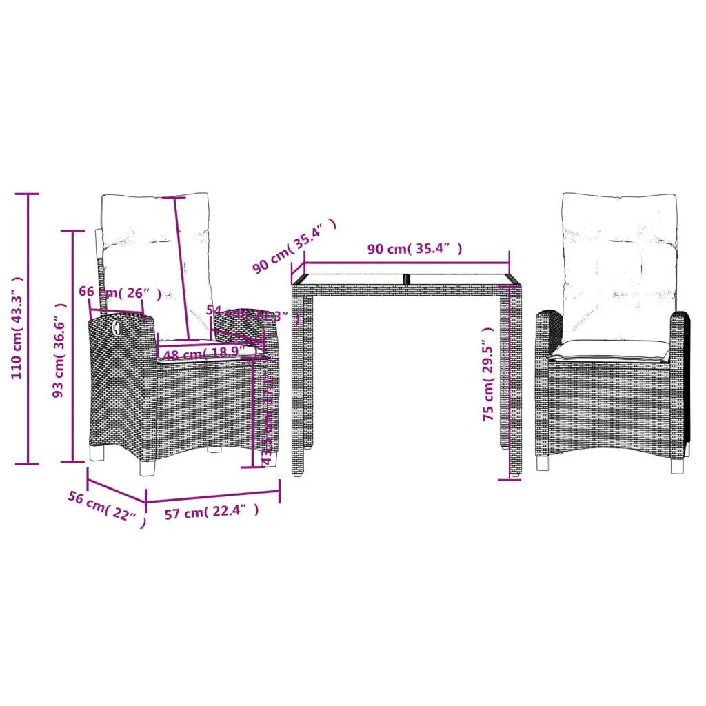 Outdoor Garden Dining Set 3 Piece Black Rattan Table Chairs