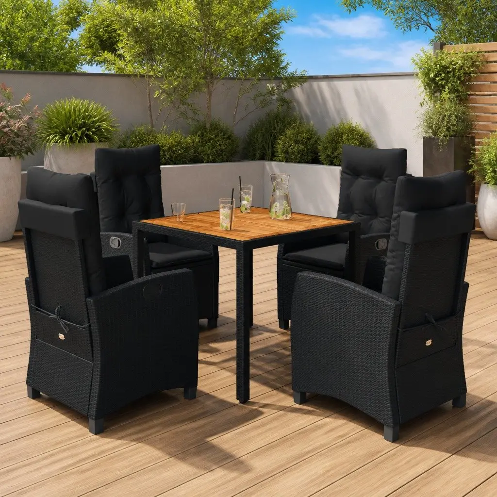 Garden Dining Set 5 Piece Black Rattan Outdoor Furniture with Cushions Acacia Wood Table