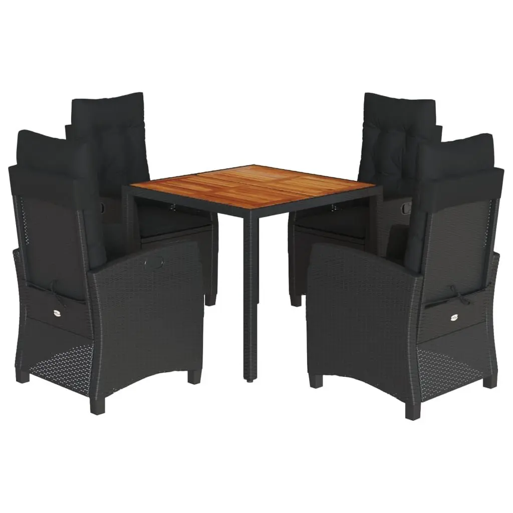 Garden Dining Set 5 Piece Black Rattan Outdoor Furniture with Cushions Acacia Wood Table
