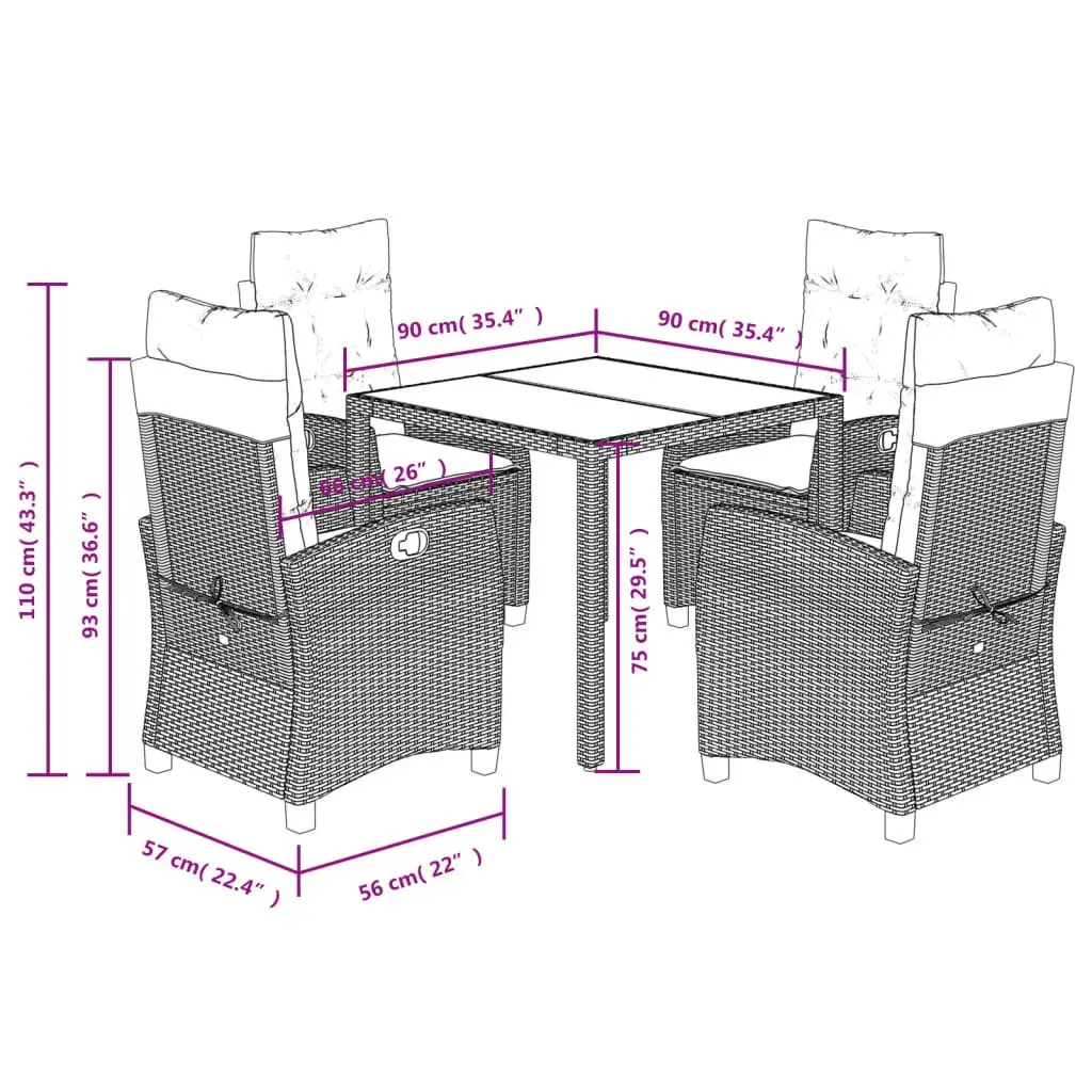 Garden Dining Set 5 Piece Black Rattan Outdoor Furniture with Cushions Acacia Wood Table