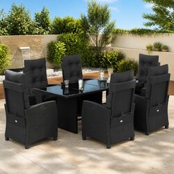 Outdoor Garden Dining Set 7 Piece Black Poly Rattan Table Chairs with Cushions