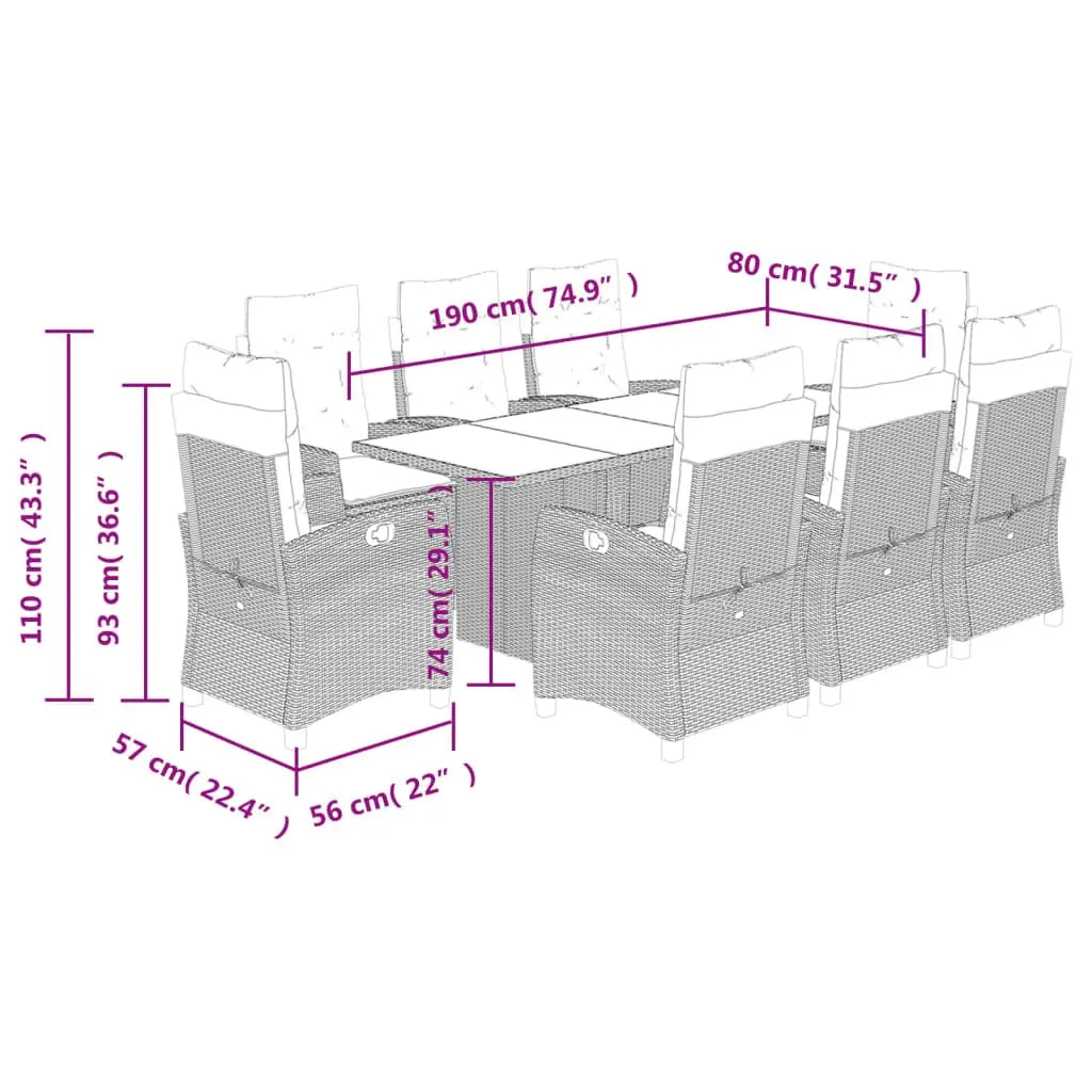Outdoor Furniture Dining Set 9 Piece Black Poly Rattan Adjustable Backrest Table and Chairs