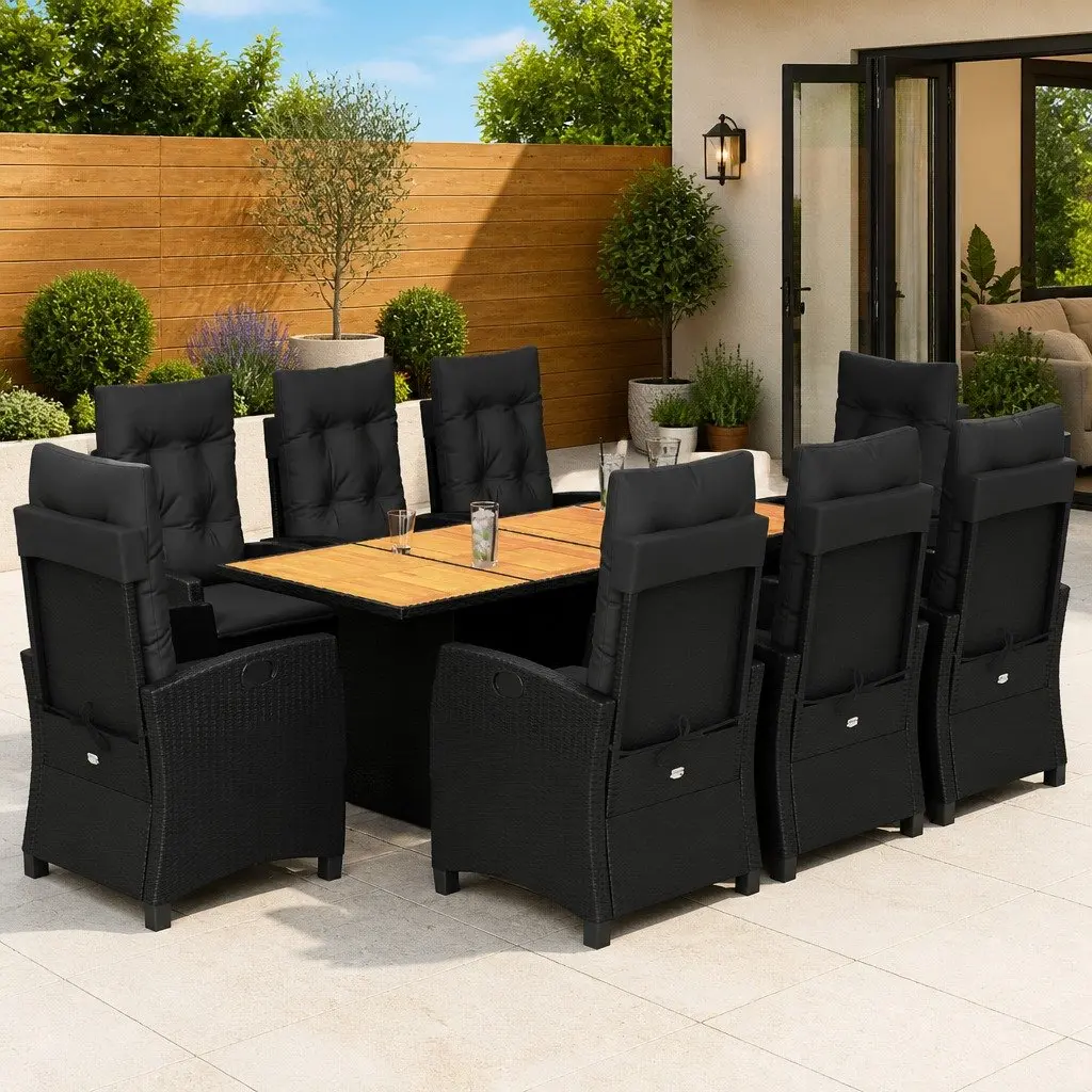 Garden Dining Set 9 Piece Outdoor Furniture Patio Table Chairs Cushions Black