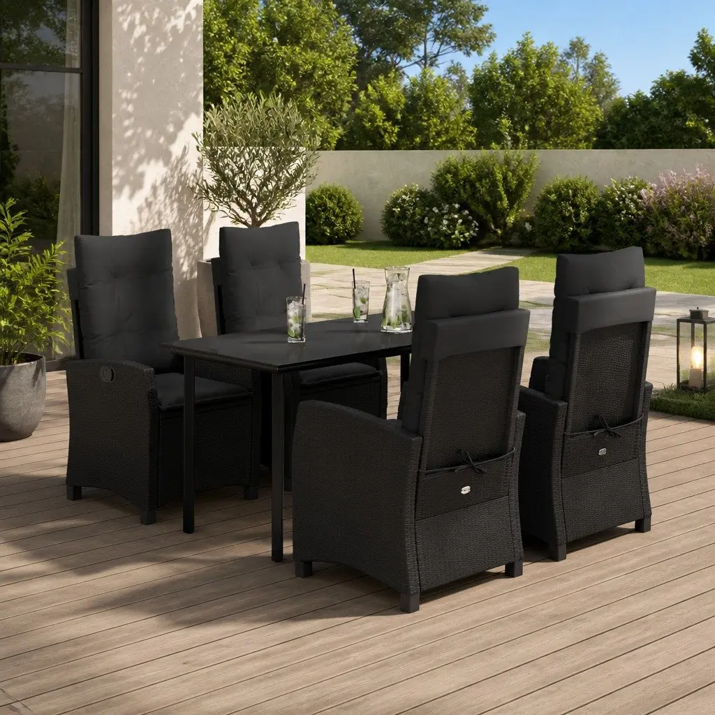 5 Piece Garden Furniture Set Black Poly Rattan Chairs Table Outdoor Dining