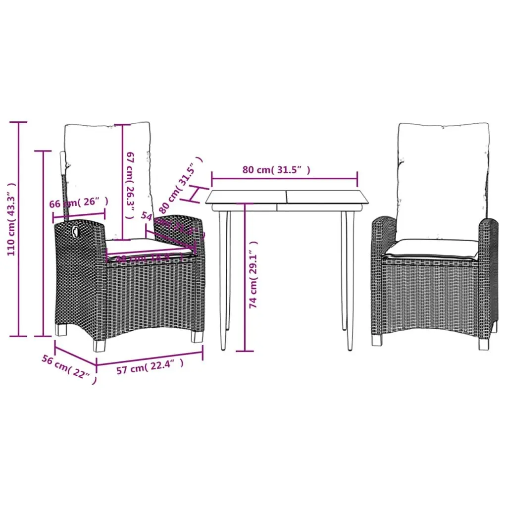 Garden Dining Set 3 Piece Outdoor Furniture Grey Poly Rattan with Cushions